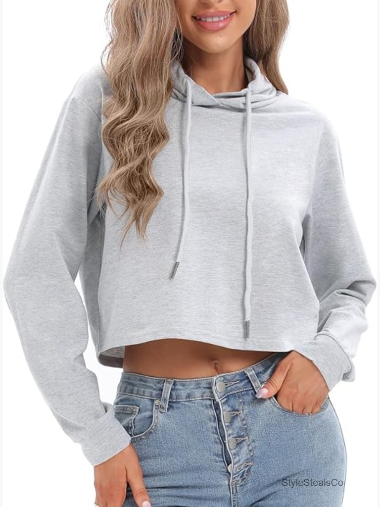 Drawstring Cropped Hoodie Long Sleeve Crop Top Workout Sweatshirt